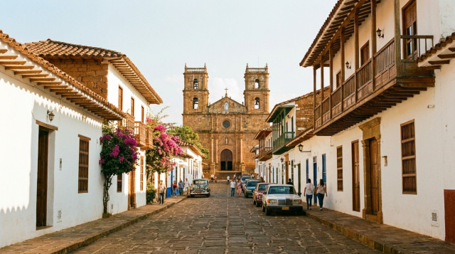 Vista panorámica de una calle empedrada en Barichara con la Catedral de la Inmaculada Concepción al fondo bajo el sol santandereano