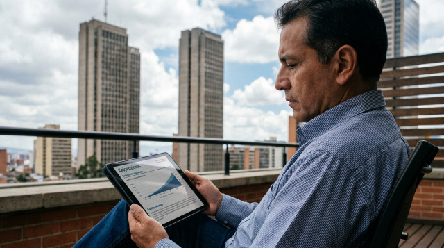 Un ciudadano colombiano revisando su extracto de pensión en una tablet mientras se ven de fondo las torres del centro internacional de Bogotá