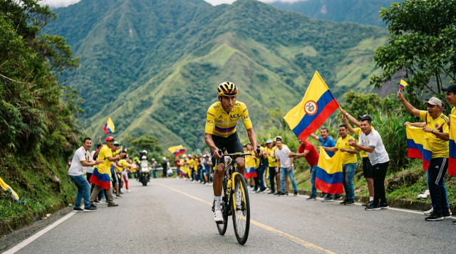Un ciclista colombiano con el jersey amarillo del Tour de Francia pedaleando por una carretera empinada de los Andes colombianos, con montañas verdes de fondo y aficionados con la