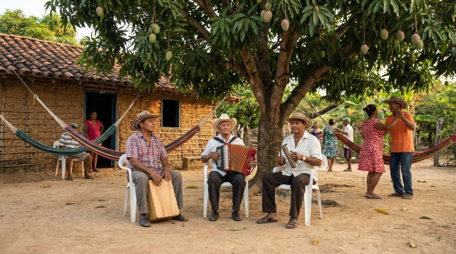 Un conjunto típico de vallenato compuesto por acordeón, caja y guacharaca en un entorno tradicional del Caribe colombiano