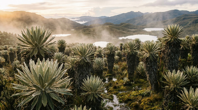 Un grupo de frailejones de gran altura en el Páramo de Sumapaz, con sus hojas cubiertas de rocío bajo una luz suave de atardecer andino