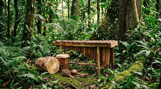 Una marimba de chonta artesanal junto a un par de cununos y guasás en un entorno selvático del Pacífico colombiano