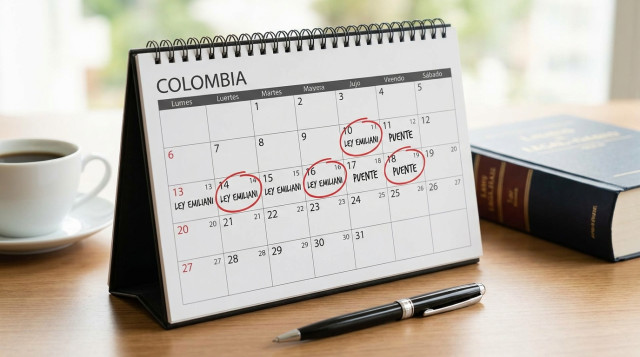 calendario abierto de escritorio con marcadores en fechas de festivos, resaltando puentes y la frase Ley Emiliani