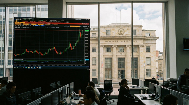Pantalla de terminal financiera mostrando gráficos de velas del par USD/COP con el edificio del Banco de la República de fondo
