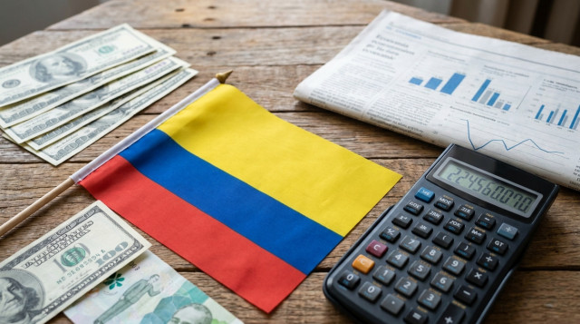 Una composición profesional que muestre billetes de dólares estadounidenses junto a la bandera de Colombia y una calculadora financiera, representando el precio del dólar en Colomb