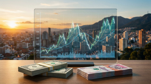 Gráfico financiero digital que muestra la evolución del precio del dólar frente al peso colombiano con billetes de ambas monedas en primer plano sobre un fondo de la ciudad de Bogo