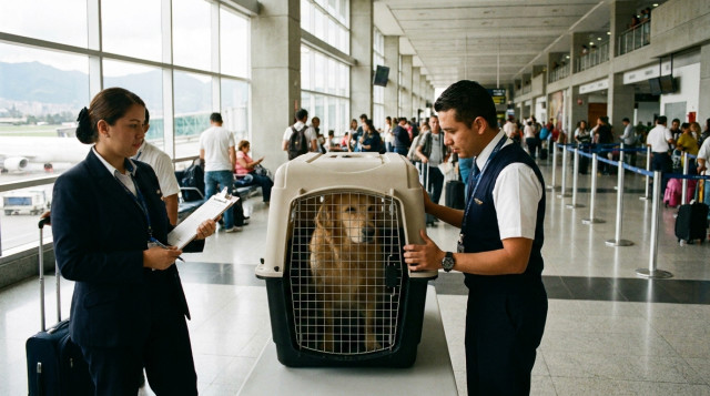 Un perro de raza mediana dentro de un guacal rígido reglamentario siendo revisado por personal de una aerolínea en un aeropuerto de Colombia