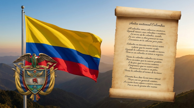 Una composición solemne que muestra la bandera de Colombia ondeando al viento junto al escudo nacional y un pergamino antiguo con la letra del himno nacional sobre un fondo de mont
