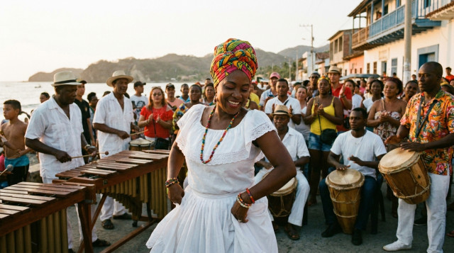 Mujer afrocolombiana luciendo un turbante colorido y traje blanco tradicional de la región pacífica durante un festival folclórico
