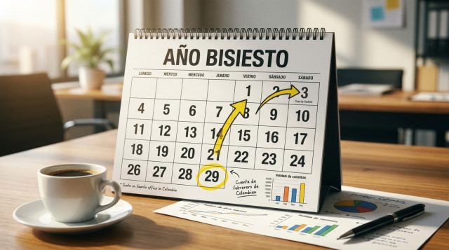 calendario mensual abierto en una mesa con marcación en amarillo del 29 de febrero y flechas que muestran el salto de dos días para fechas posteriores, título visible