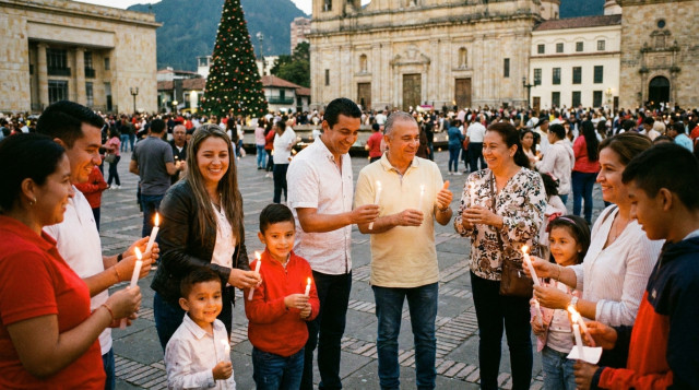 familias encendiendo velas y faroles en una plaza colombiana la noche del 7 de diciembre, foco en las velitas y la iluminación, texto alternativo 'Día de las Velitas'