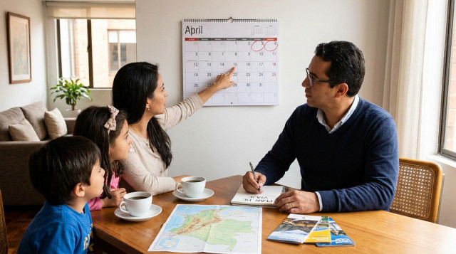calendario de pared abierto en el mes de abril con marcados los días 2 y 3 y una familia planificando con una libreta, texto ALT 'Cuántos días libres puedes ganar con cada festivo