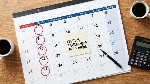 vista aérea de un calendario sobre un escritorio con marcadores rojos en varios lunes festivos, tema 'festivos trasladables en Colombia'