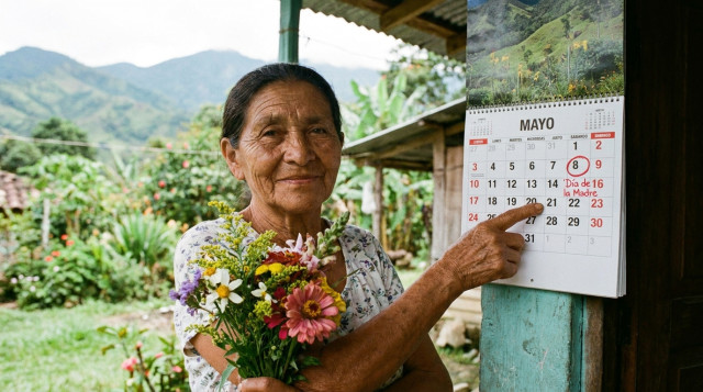 madre colombiana sosteniendo un ramo de flores mientras señala un calendario abierto en la página de mayo con el segundo domingo marcado y el texto 'Día de la Madre'