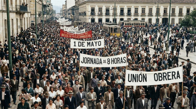 Manifestación histórica de trabajadores en Colombia con pancartas, fondo urbano y la fecha '1 de mayo' visible en una pancarta
