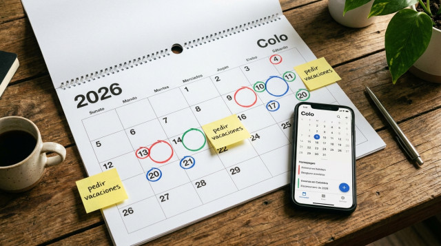 calendario marcando los festivos restantes de 2026 en colores, con notas adhesivas que indican 