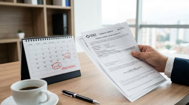 Mano de un empresario con documentos de matrícula mercantil y un calendario de escritorio donde se destacan fechas de vencimiento, con la frase 'vencimientos de la matrícula mercan
