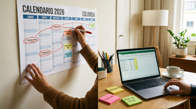 persona marcando en un calendario el 'calendario 2026 de Colombia' y resaltando festivos para combinar con días de vacaciones, mesa con laptop y post-its