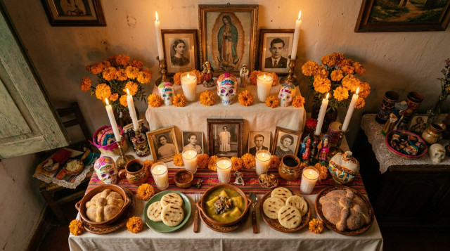 altar del Día de los Difuntos en una casa colombiana con velas, fotografías, flores y platos tradicionales, vista cenital y luz cálida