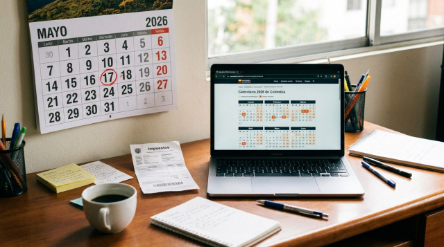 mesa de trabajo con calendario impreso mostrando el mes de mayo 2026 con el 18 marcado, un comprobante de pago y una laptop con la página 'calendario 2026 de Colombia' abierta
