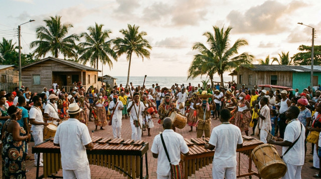 comunidad afrodescendiente tocando marimba en la costa pacífica durante una celebración regional, con participantes en la plaza y elementos rituales visibles