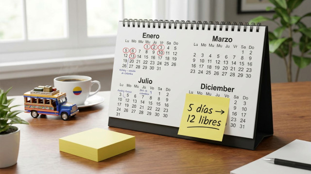 calendario de escritorio con marcaciones en enero, marzo, julio y diciembre y un bloque de post-its que diga '5 días → 12 libres'