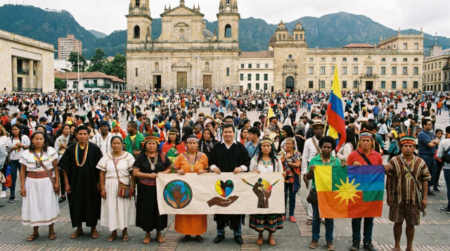 manifestación cultural en una plaza colombiana con pancartas sobre diversidad y dignidad, enfoque en personas de distintas edades y trajes tradicionales