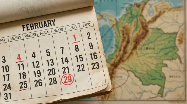 primer plano de un calendario en papel con el mes de febrero abierto, el 29 marcado en rojo, y varias fechas fijas como 1 de enero y 25 de diciembre subrayadas; fondo con mapa de C