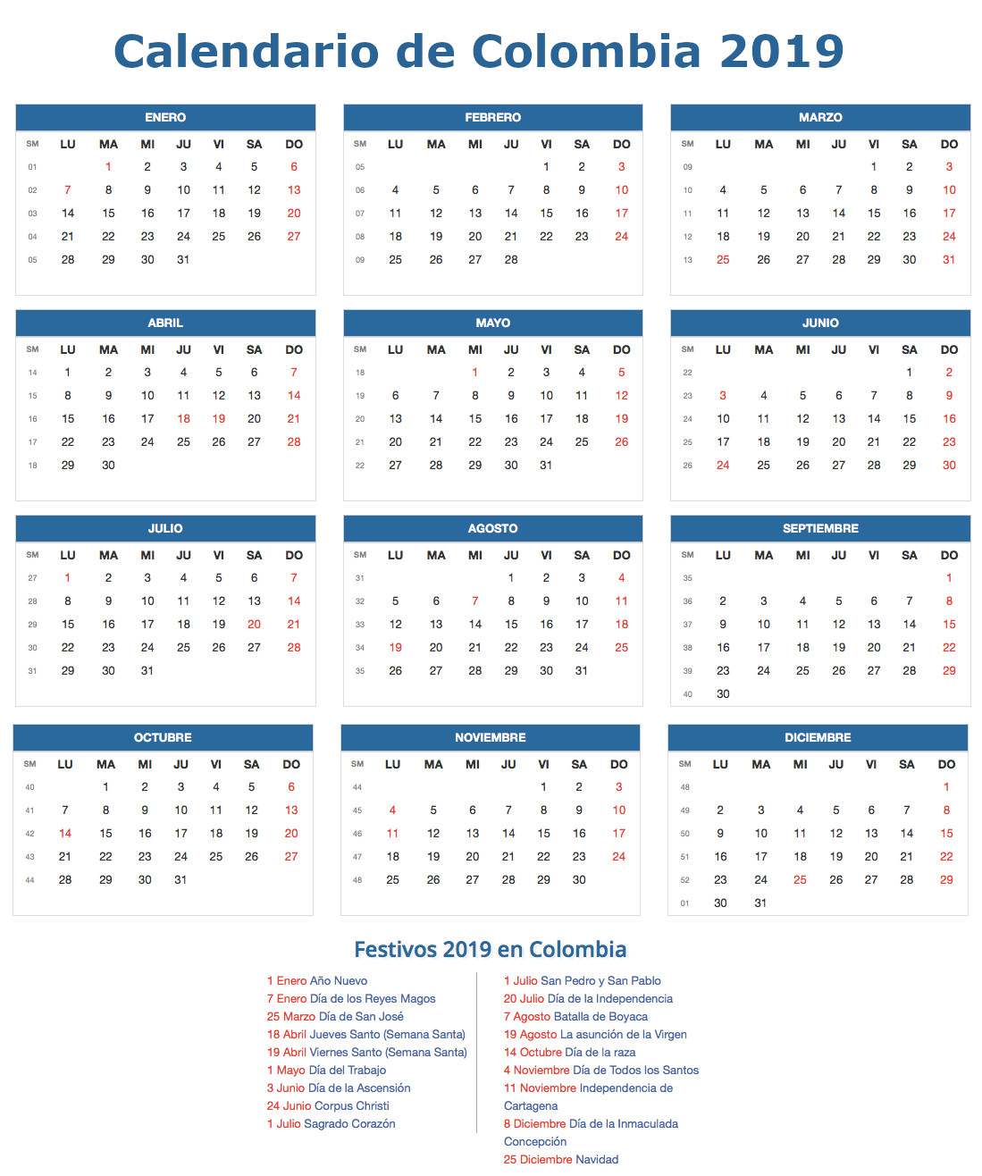 calendario 2018 y 2019 con festivos colombia