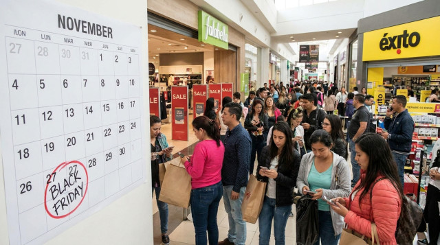 Calendario de noviembre con el viernes 27 marcado como Black Friday y compradores revisando ofertas en un centro comercial de Colombia