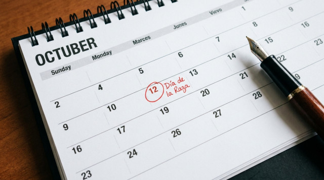 calendario de mesa abierto en octubre, marcado el día 12 con un círculo rojo y una pluma cerca; vista cenital, luz natural, foco en la fecha que diga