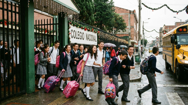 estudiantes de colegio saliendo de clases con maletas, para ilustrar el inicio de las vacaciones de fin de año en los colegios de Colombia