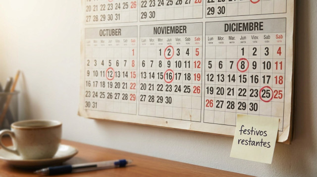 calendario de pared con los meses de octubre, noviembre y diciembre marcados y los días 12/10, 2/11, 16/11, 8/12 y 25/12 resaltados, junto al texto
