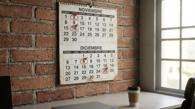 calendario de pared con los cuatro festivos que quedan en el año en Colombia marcados, del 2 de noviembre al 25 de diciembre