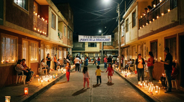 velitas encendidas en una calle de un barrio colombiano durante la noche previa al festivo, ilustrando la discusión sobre el puente de la Inmaculada