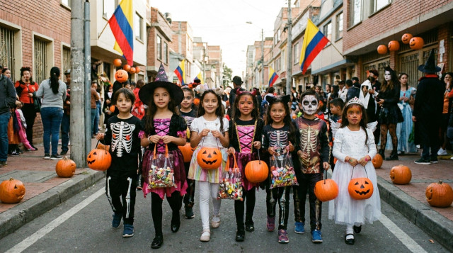 niños colombianos con disfraces recorriendo una calle un sábado de Día de los Niños y Halloween, con calabazas y dulces