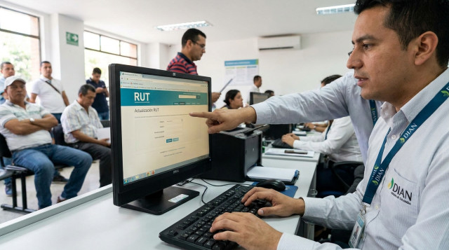 oficina de atención de la DIAN con un funcionario mostrando la interfaz del RUT en una pantalla, primer plano de manos sobre teclado y el texto "actualización RUT" visible en la pa