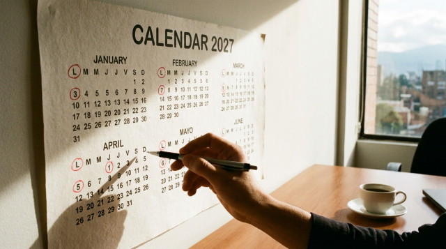 calendario de pared con los festivos de 2027 en Colombia resaltados en los lunes
