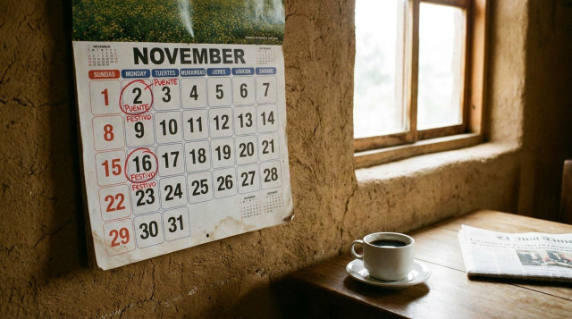 calendario de pared de noviembre con los lunes 2 y 16 marcados, ilustrando los festivos de noviembre en Colombia