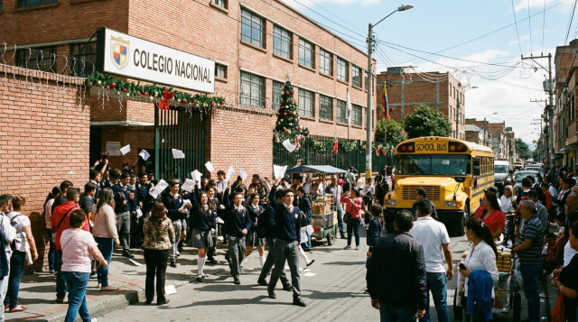 estudiantes de colegio colombiano con uniforme saliendo del plantel en el último día de clases, en una escena de fin de clases y vacaciones de fin de año