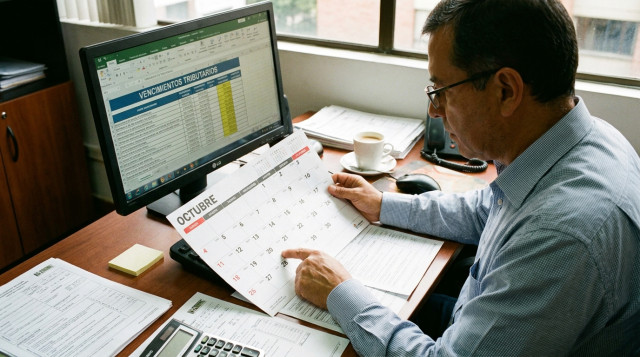 foto horizontal de un contador revisando un calendario impreso y una pantalla con la palabra 