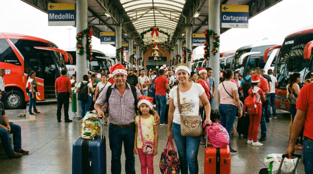 familia colombiana con maletas en una terminal de transporte durante los fines de semana largos de fin de año