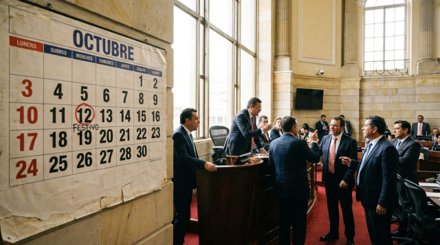 Congresistas debatiendo en salón de sesiones con calendario en primer plano que muestre el texto