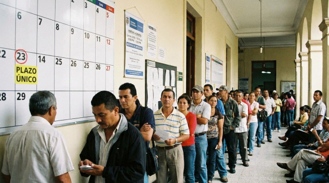 fila de atención en una oficina pública mostrando carteles con horarios y un calendario de pared donde se destaca la fecha de un plazo único