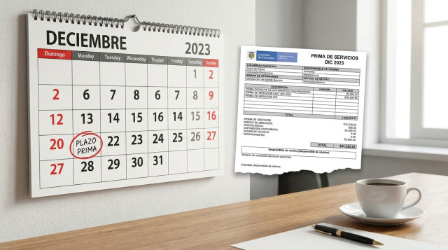 calendario de diciembre con el domingo 20 marcado junto a un desprendible de nómina que ilustra la prima de servicios de diciembre