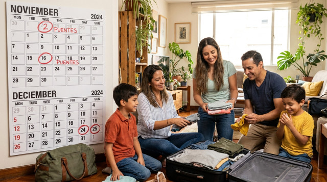 familia preparando maletas frente a un calendario de pared donde se destacan con marcadores las fechas 2 de noviembre, 16 de noviembre y 25 de diciembre, texto alternativo 'Puentes
