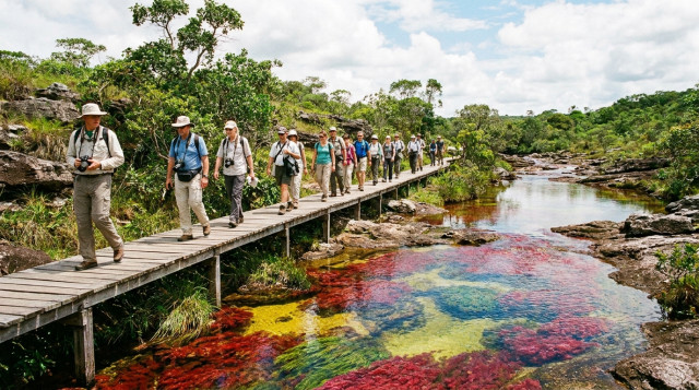 Turistas caminando de forma ordenada por los senderos de madera autorizados junto a Caño Cristales
