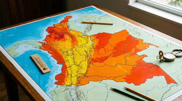 mapa de Colombia con regiones en alerta por ola de calor extremo, mostrando colores naranja y amarillo según nivel de riesgo