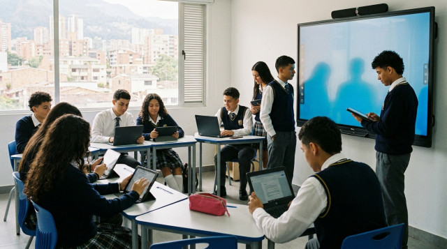 estudiantes en aula moderna con tecnología digital en colegio colombiano