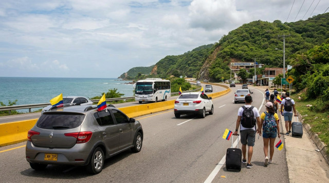 fotografía horizontal de una carretera costera con tráfico ligero durante un puente, personas con maletas y banderas de Colombia visibles, texto alternativo incluir "Próximo puente